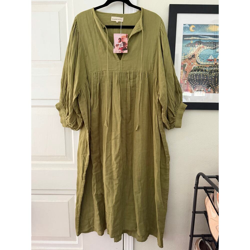 NWT Daughters of India Kyra Midi Dress fern green lantern sleeves / bohemian XL